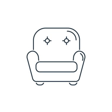 Ev konseptinden koltuk ikonu vektörü. Koltuğun düzenlenebilir vuruşunun ince çizgisi. Web ve mobil uygulamalar, logo ve yazdırma ortamlarında kullanım için koltuk doğrusal işareti.