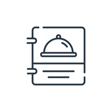 Restoran konseptinden menü ikonu vektörü. Menüde düzenlenebilir vuruşların ince çizgisi. Web ve mobil uygulamalarda kullanmak için menü doğrusal işareti, logo, yazdırma ortamı.