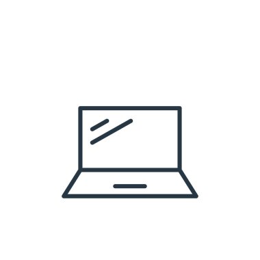 Akıllı aygıtlar kavramından dizüstü bilgisayar simgesi vektörü. Dizüstü bilgisayarın düzenlenebilir vuruşunun ince çizgisi. Web ve mobil uygulamalarda kullanmak için dizüstü bilgisayar doğrusal imzası, logo, yazdırma ortamı.