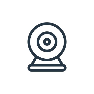 Ofis ekipmanları konseptinden web kamerası ikonu vektörü. Düzenlenebilir web kamerası vuruşunun ince çizgisi. Web ve mobil uygulamalar, logo ve yazdırma ortamlarında kullanım için yuvarlak webcam doğrusal işareti.