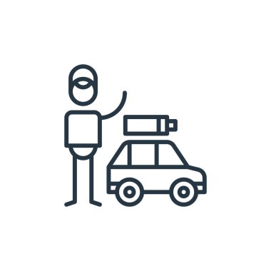 İklim değişikliği konseptinden elektrikli araba ikonu vektörü. Düzenlenebilir elektrikli araba felcinin ince bir çizgisi. Web ve mobil uygulamalar, logo ve yazdırma ortamlarında kullanmak için elektrikli otomobil doğrusal işareti.