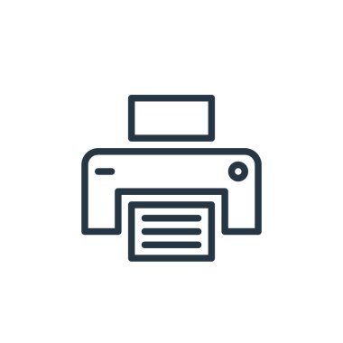 Ofis konseptinde çalışan yazıcı simgesi vektörü. Yazıcının düzenlenebilir vuruşunun ince çizgisi. Web ve mobil uygulamalarda kullanmak için yazıcı doğrusal işareti, logo, yazdırma ortamı.
