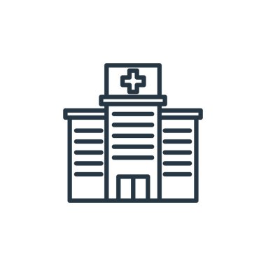 Bina konseptinden hastane ikonu vektörü. Hastane felcinin ince bir çizgisi. İnternet ve mobil uygulamalarda kullanım için hastane doğrusal işareti, logo, yazdırma medyası.