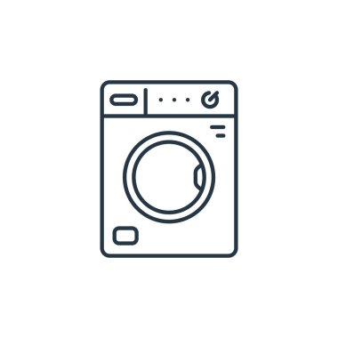 İç tasarım konseptinden çamaşır makinesi ikonu vektörü. Düzenlenebilir çamaşır makinesi felcinin ince bir çizgisi. Ağ ve mobil uygulamalarda kullanım için çamaşır makinesi doğrusal işareti, logo, yazdırma ortamı.
