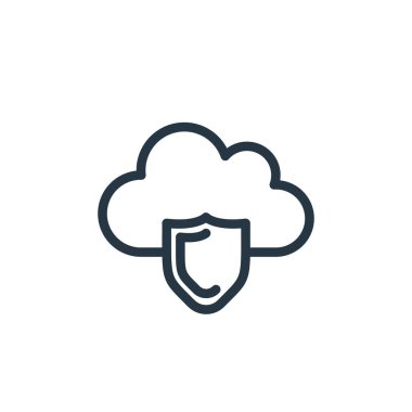 Bulut hesaplama simgesi vektörü koruma kavramından. Düzenlenebilir bulut vuruşunun ince çizgisi. Web ve mobil uygulamalar, logo ve yazdırma ortamlarında kullanım için bulut hesaplama doğrusal işareti.