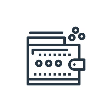 Banka ve finans konseptinden cüzdan ikonu vektörü. Cüzdan düzenlenebilir darbenin ince çizgisi. Web ve mobil uygulamalarda kullanmak için cüzdan doğrusal işareti, logo, yazdırma ortamı.