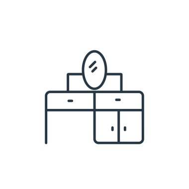 Mobilya dekorasyonu konseptindeki tuvalet masası ikonu vektörü. Soyunma masasının düzenlenebilir vuruşunun ince çizgisi. Web ve mobil uygulamalar, logo ve yazdırma ortamlarında kullanım için masaüstü çizgisel işareti.