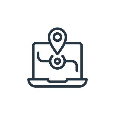 Seo Web Geliştirme konseptinden dizüstü bilgisayar ikonu vektörü. Dizüstü bilgisayarın düzenlenebilir vuruşunun ince çizgisi. Web ve mobil uygulamalarda kullanmak için dizüstü bilgisayar doğrusal imzası, logo, yazdırma ortamı.