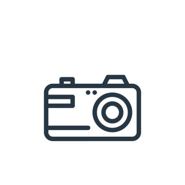 Medya konseptinden kamera simgesi vektörü. Kamera düzenlenebilir vuruşun ince çizgisi. Web ve mobil uygulamalarda kullanmak için kamera doğrusal işareti, logo, yazdırma ortamı.