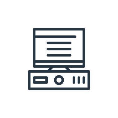 Donanım ağı kavramından bilgisayar masaüstü simgesi vektörü. Bilgisayar masaüstü düzenlenebilir vuruşunun ince çizgisi. Web ve mobil uygulamalarda kullanmak için bilgisayar masaüstü doğrusal işareti, logo, yazdırma ortamı.