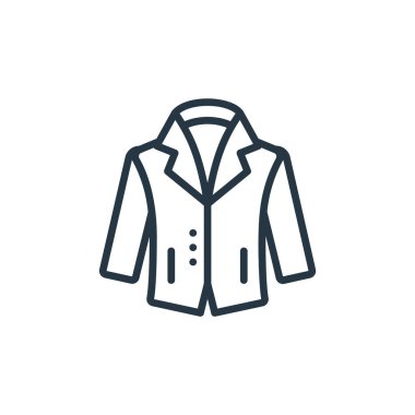 Moda ve giysi konseptinden bir simge vektörü. İnce çizgili montlu, düzenlenebilir felç çizgisi. Web ve mobil uygulamalar, logo ve yazdırma ortamlarında kullanmak için doğrusal ceket işareti.