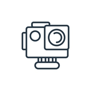 Seyahat konseptinden aksiyon kamerası ikonu vektörü. Düzenlenebilir kamera darbesinin ince bir çizgisi. Web ve mobil uygulamalarda kullanmak için aksiyon kamerası doğrusal işareti, logo, yazdırma ortamı.