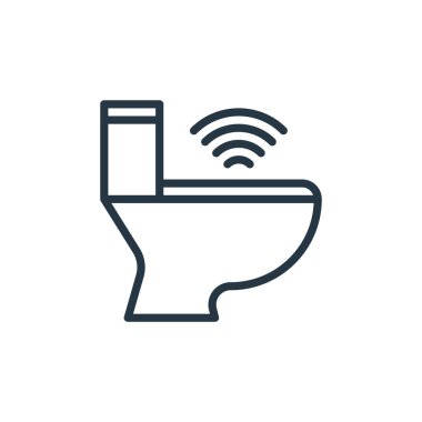 Akıllı ev kavramından tuvalet ikonu vektörü. Tuvalette düzenlenebilir felcin ince bir çizgisi. İnternet ve mobil uygulamalarda kullanım için klozet doğrusal işareti, logo, yazdırma ortamı.