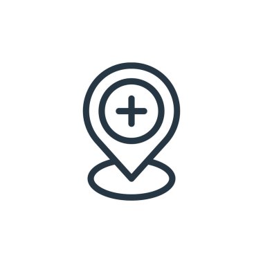 Tıbbi öğeler kavramından harita simgesi vektörü. Haritada düzenlenebilir vuruşun ince çizgisi. Web ve mobil uygulamalarda kullanmak için harita doğrusal işareti, logo, yazdırma ortamı.