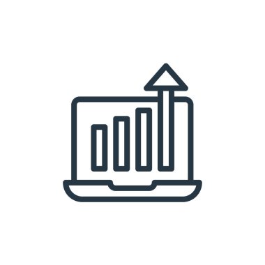 Seo Web Geliştirme konseptinden dizüstü bilgisayar ikonu vektörü. Dizüstü bilgisayarın düzenlenebilir vuruşunun ince çizgisi. Web ve mobil uygulamalarda kullanmak için dizüstü bilgisayar doğrusal imzası, logo, yazdırma ortamı.