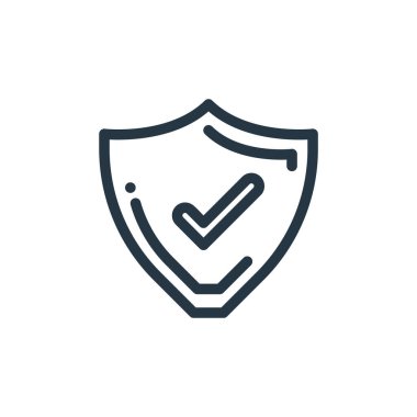 Siber güvenlik kavramından kalkan ikon vektörü. Düzenlenebilir kalkan vuruşunun ince çizgisi. Web ve mobil uygulamalarda kullanmak için kalkan doğrusal işareti, logo, yazdırma ortamı.