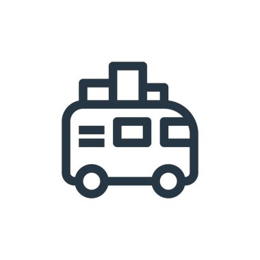 Seyahat konseptinden minibüs ikonu vektörü. Minibüs inmesinin ince bir çizgisi. Web ve mobil uygulamalarda kullanım için van doğrusal işareti, logo, yazdırma ortamı.