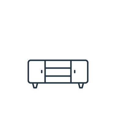 Mobilya dekorasyonu konseptinden masa simgesi vektörü. Masa düzenlenebilir vuruşun ince çizgisi. Web ve mobil uygulamalarda kullanmak için tablonun doğrusal işareti, logo, yazdırma ortamı.