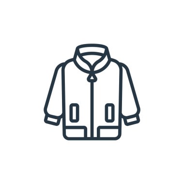 Moda ve giysi konseptinden bir simge vektörü. İnce çizgili montlu, düzenlenebilir felç çizgisi. Web ve mobil uygulamalar, logo ve yazdırma ortamlarında kullanmak için doğrusal ceket işareti.