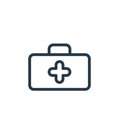 Tıbbi öğeler kavramından ilk yardım çantası simgesi vektörü. İlk yardım çantasının düzenlenebilir vuruşunun ince çizgisi. Web ve mobil uygulamalarda kullanmak için ilk yardım kiti doğrusal işareti, logo, yazdırma ortamı.