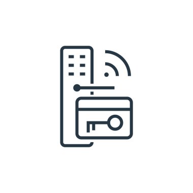 Akıllı ev kavramının anahtar kart simgesi vektörü. Anahtar kartı düzenlenebilir vuruşunun ince çizgisi. Web ve mobil uygulamalarda kullanmak için anahtar kart doğrusal işareti, logo, yazdırma ortamı.