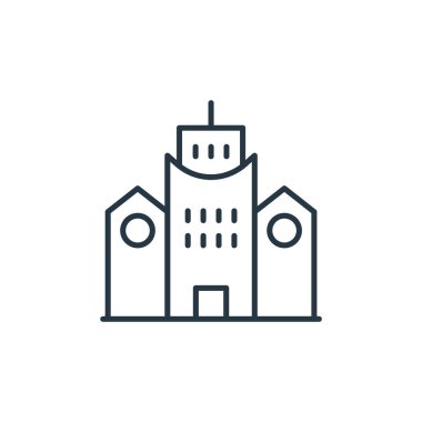 Gökdelen konseptinden belediye meclisi ikonu vektörü. Belediyenin düzenlenebilir vuruşunun ince bir çizgisi. Web ve mobil uygulamalar, logo ve yazdırma ortamlarında kullanım için belediye binası doğrusal işareti.