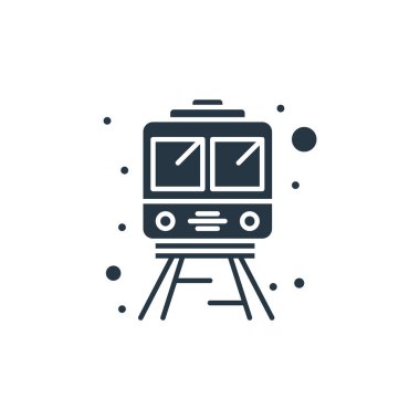 Şehir elementleri kavramından ikon vektörü. Trenin düzenlenebilir vuruşunun ince bir çizgisi. Web ve mobil uygulamalarda kullanmak için tren doğrusal işareti, logo, yazdırma ortamı.