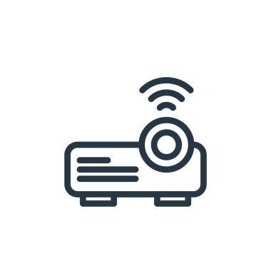 Medya konseptinden video projeksiyon ikonu vektörü. Görüntü yansıtımının düzenlenebilir vuruşunun ince çizgisi. Web ve mobil uygulamalarda kullanmak için video projeksiyon doğrusal işareti, logo, yazdırma ortamı.