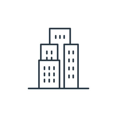 Gökdelen kavramının ikon taşıyıcısı. Binaların düzenlenebilir darbelerinin ince çizgisi. Web ve mobil uygulamalar, logo ve yazdırma ortamlarında kullanım için binaların doğrusal işareti.