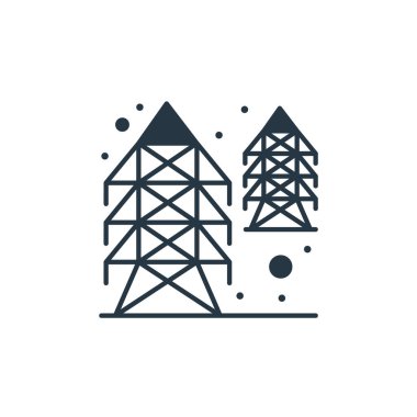 Şehir elementleri kavramından elektrik kulesi ikonu vektörü. Elektrik kulesinin düzenlenebilir vuruşunun ince çizgisi. Ağ ve mobil uygulamalarda kullanmak için elektrik kulesi doğrusal işareti, logo, yazdırma ortamı.