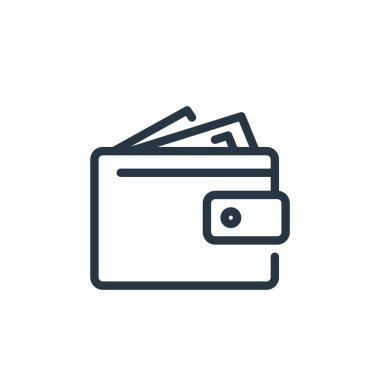 Para ve finans konseptinden cüzdan ikonu vektörü. Cüzdan düzenlenebilir darbenin ince çizgisi. Web ve mobil uygulamalarda kullanmak için cüzdan doğrusal işareti, logo, yazdırma ortamı.