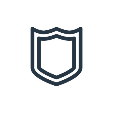 Temel ui kavramından kalkan ikon vektörü. Düzenlenebilir kalkan vuruşunun ince çizgisi. Web ve mobil uygulamalarda kullanmak için kalkan doğrusal işareti, logo, yazdırma ortamı.