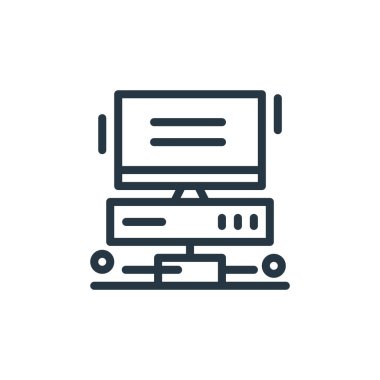 Donanım ağı kavramından masaüstü bilgisayar simgesi vektörü. Masaüstü düzenlenebilir felcin ince çizgisi. Web ve mobil uygulamalarda kullanmak için masaüstü bilgisayar doğrusal işareti, logo, yazdırma ortamı.