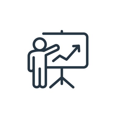 Takım çalışması konseptindeki sunum simgesi vektörü. Düzenlenebilir vuruşun ince çizgisi. Web ve mobil uygulamalarda kullanmak için doğrusal sunum işareti, logo, yazdırma ortamı.