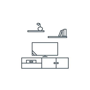 Mobilya konseptinden televizyon ikonu vektörü. Düzenlenebilir televizyon felcinin ince bir çizgisi. İnternet ve mobil uygulamalarda kullanmak için televizyon doğrusal işareti, logo, yazdırma ortamı.