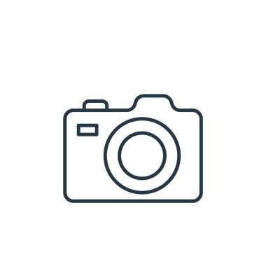 Seyahat konseptinden kamera ikonu vektörü. Kamera düzenlenebilir vuruşun ince çizgisi. Web ve mobil uygulamalarda kullanmak için kamera doğrusal işareti, logo, yazdırma ortamı.