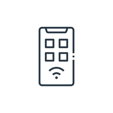 Akıllı ev konseptinden akıllı telefon ikonu vektörü. Düzenlenebilir akıllı telefon vuruşunun ince bir çizgisi. Web ve mobil uygulamalarda kullanmak için akıllı telefon doğrusal işareti, logo, yazdırma ortamı.
