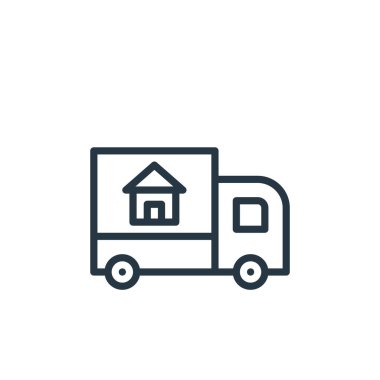 Emlak konseptinden kamyon ikonu taşıyıcısı. Hareket halindeki kamyonun düzenlenebilir vuruşunun ince bir çizgisi. Web ve mobil uygulamalarda kullanım için kamyon doğrusal işaretini taşımak, logo, yazdırma ortamı.