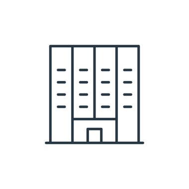 Gökdelen konseptinden bir otel ikonu vektörü. Otelin düzenlenebilir vuruşunun ince çizgisi. Web ve mobil uygulamalarda kullanmak için otel doğrusal işareti, logo, yazdırma ortamı.