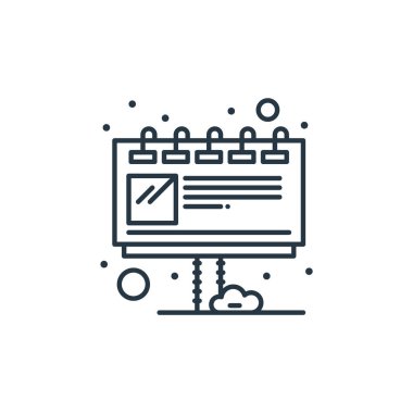 Şehir elemanları konseptinden reklam simgesi vektörü. Reklamların düzenlenebilir vuruşlarının ince çizgisi. Web ve mobil uygulamalar, logo ve yazdırma ortamlarında kullanım için reklam doğrusal işareti.