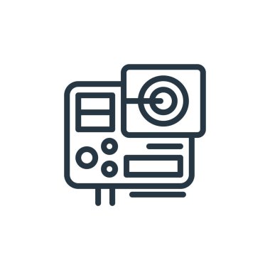 Donanım ağı konseptinden aksiyon kamerası simgesi vektörü. Düzenlenebilir kamera darbesinin ince bir çizgisi. Web ve mobil uygulamalarda kullanmak için aksiyon kamerası doğrusal işareti, logo, yazdırma ortamı.