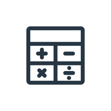 İş konseptindeki hesap makinesi simgesi vektörü. Hesap makinesinin düzenlenebilir vuruşunun ince çizgisi. Web ve mobil uygulamalarda kullanmak için hesap makinesi doğrusal işareti, logo, yazdırma ortamı.