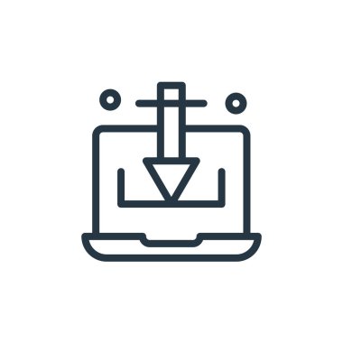 seo ve web konseptinden dizüstü ikon vektörü. Dizüstü bilgisayarın düzenlenebilir vuruşunun ince çizgisi. Web ve mobil uygulamalarda kullanmak için dizüstü bilgisayar doğrusal imzası, logo, yazdırma ortamı.