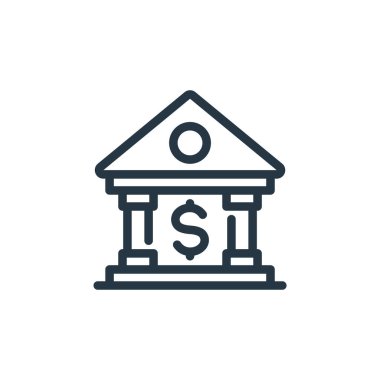 Banka para ve finans konseptinden ikon vektörü. Kurgulanabilir banka felcinin ince bir çizgisi. Web ve mobil uygulamalarda kullanmak için banka doğrusal işareti, logo, yazdırma ortamı.