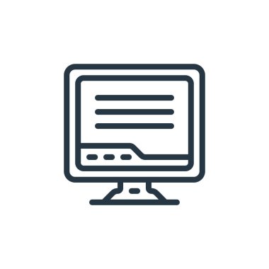 Donanım ağı konseptinden bilgisayar ekran ikonu vektörü. Bilgisayar ekranı düzenlenebilir vuruşunun ince çizgisi. Web ve mobil uygulamalarda kullanmak için bilgisayar ekranı doğrusal işareti, logo, yazdırma ortamı.