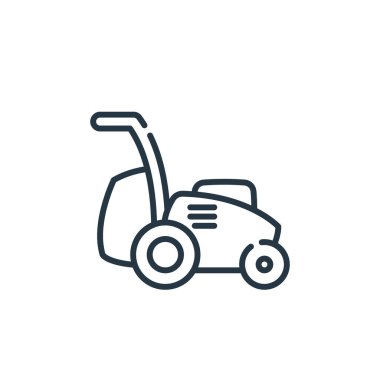 Çim biçme makinesi ikonu taşıyıcısı ev bitkisi konseptinden. Düzenlenebilir çim biçme makinesinin ince çizgisi. Web ve mobil uygulamalarda kullanmak için çim biçme makinesi doğrusal işareti, logo, yazdırma ortamı.