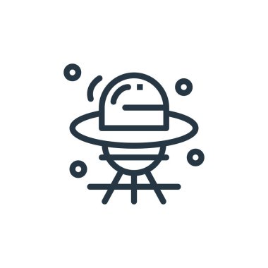 Evrendeki UFO ikon vektörü. UFO 'nun düzenlenebilir inmesinin ince çizgisi. Web ve mobil uygulamalarda kullanmak için UFO doğrusal işareti, logo, yazdırma ortamı.