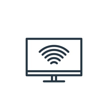 Akıllı ev kavramından akıllı televizyon ikonu vektörü. Düzenlenebilir akıllı televizyon vuruşunun ince bir çizgisi. Web ve mobil uygulamalarda kullanmak için akıllı TV doğrusal işareti, logo, yazdırma ortamı.