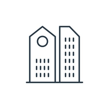 Ofis ikonu vektörü gökdelen konseptinden. Ofislerin düzenlenebilir darbelerinin ince çizgisi. İnternet ve mobil uygulamalarda, logoda, yazdırma ortamında kullanım için doğrusal imza.