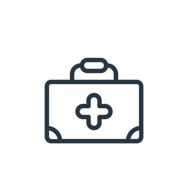 Veterinerlik konseptinden ilk yardım çantası ikonu vektörü. İlk yardım çantasının düzenlenebilir vuruşunun ince çizgisi. Web ve mobil uygulamalarda kullanmak için ilk yardım kiti doğrusal işareti, logo, yazdırma ortamı.